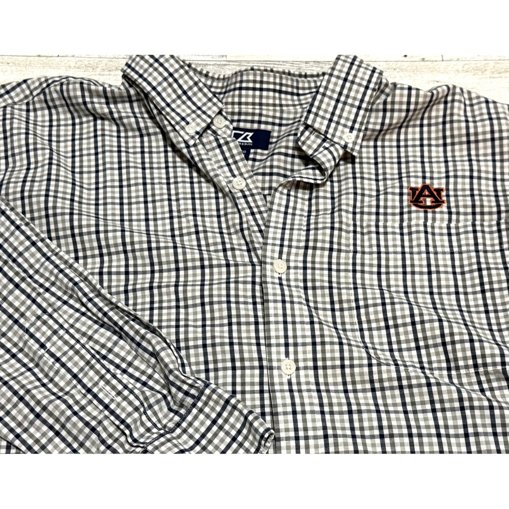 Cutter & Buck Auburn Tigers Shirt Blue Gray White Button Long Sleeve Plaid SZ XL